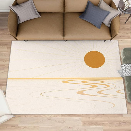 Boho Sun Area Rugs 4x6ft, Minimalist Sunburst Carpet for Bedroom, Geometric Solar Rug for Living Room Easy to Clean for Indoor Outdoor Hardwood Floors Home Decor