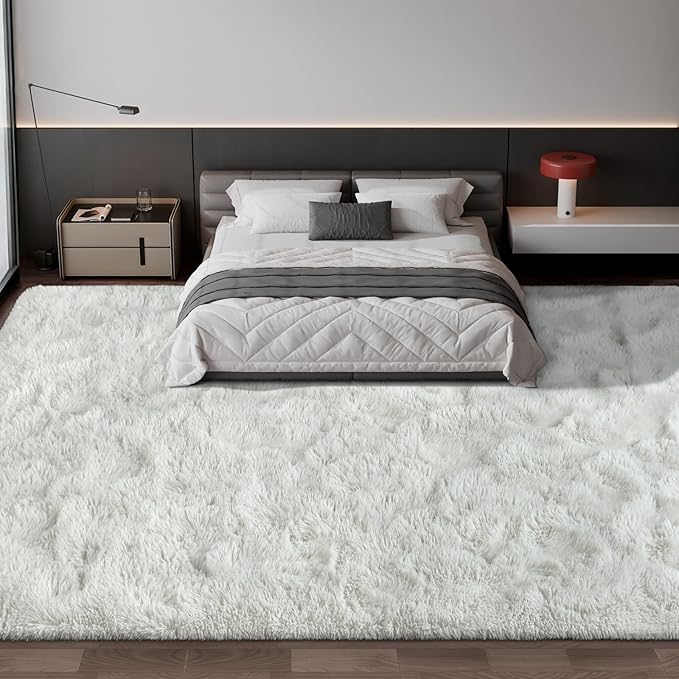 Large Shag Area Rugs 10 x 14, Tie-Dyed Plush Fuzzy Rug for Living Room, Ultra Soft Fluffy Furry Rugs for Bedroom, Anti-Skid Indoor Carpet Nursery Rugs for Kids Room Home Decor, White