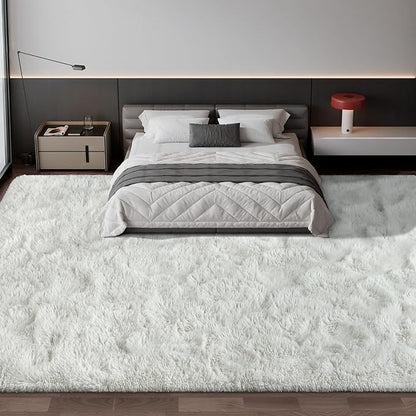 Large Shag Area Rugs 10 x 14, Tie-Dyed Plush Fuzzy Rug for Living Room, Ultra Soft Fluffy Furry Rugs for Bedroom, Anti-Skid Indoor Carpet Nursery Rugs for Kids Room Home Decor, White