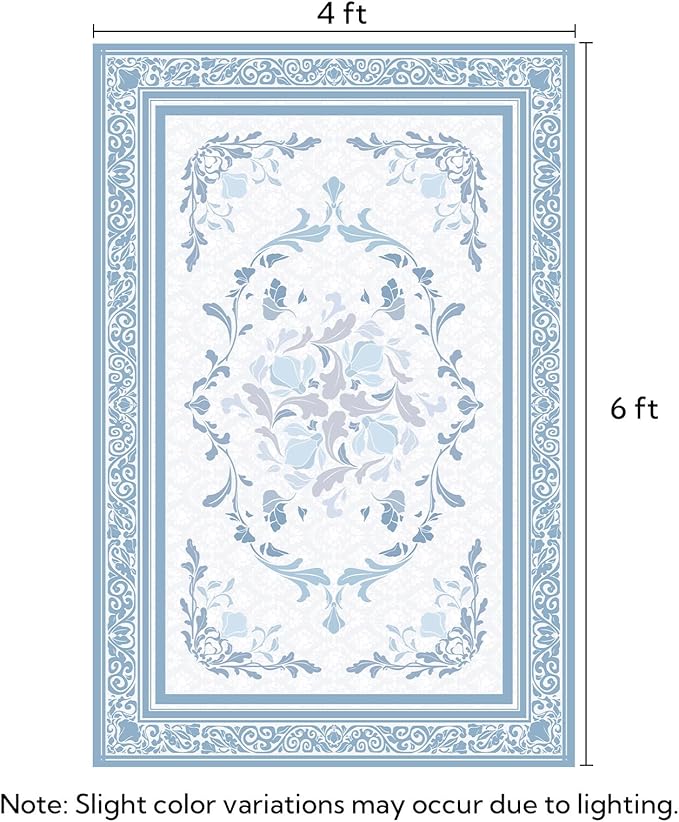 SOULFUL Medium Pile 4x6 Rugs for Living Room - Cozy Soft Underfoot Area Rug - Mist Blue Boho Floral - Washable Non-Slip - Perfect for Bedroom Kids Room Under Dining Table Office
