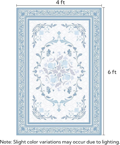 SOULFUL Medium Pile 4x6 Rugs for Living Room - Cozy Soft Underfoot Area Rug - Mist Blue Boho Floral - Washable Non-Slip - Perfect for Bedroom Kids Room Under Dining Table Office