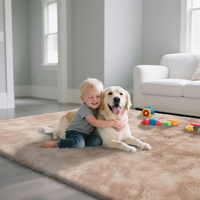 Fluffy Rug Shaggy Area Rug, Mottling Beige 9x12 Area Rugs for Living Room, Large Shag Area Rugs for Bedroom Kids Room Home Decor, Upgrade Anti-Skid Rectangular Fuzzy Rugs