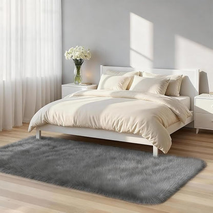 2x6 Solid Fluffy Grey Area Rug – Washable, Durable, Small Bedroom Runner Rug, Non-Slip Shag Rugs for Hallway, Living Room, Bedroom, Bedside, Dorms, Kids Room, Nursery Rooms, Soft Indoor Carpet