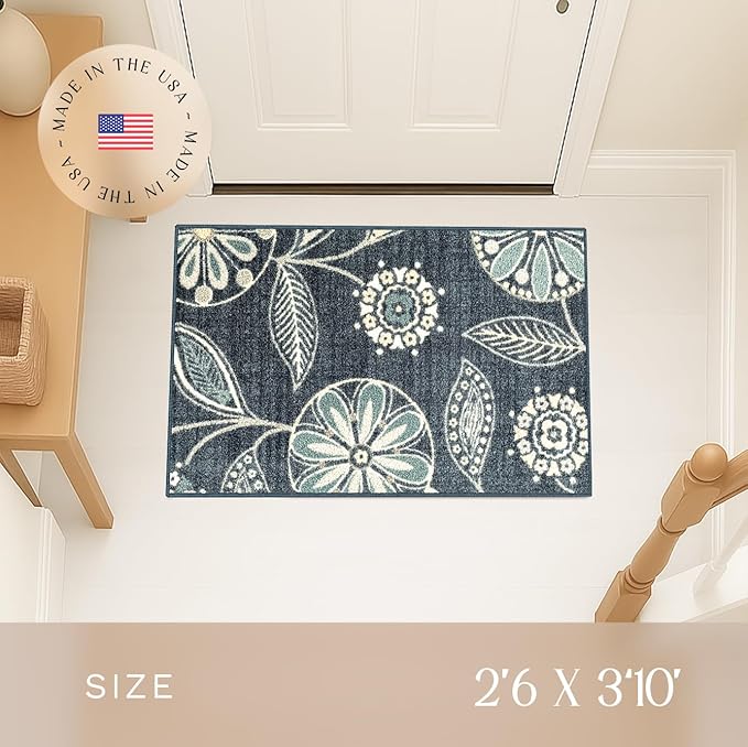 Maples Rugs Reggie Floral Kitchen Rug - Made in USA - Washable, Non Slip Indoor Carpet for Entryway, Foyer, Kitchen, and Bathroom, 2'6 x 3'10, Persian Blue