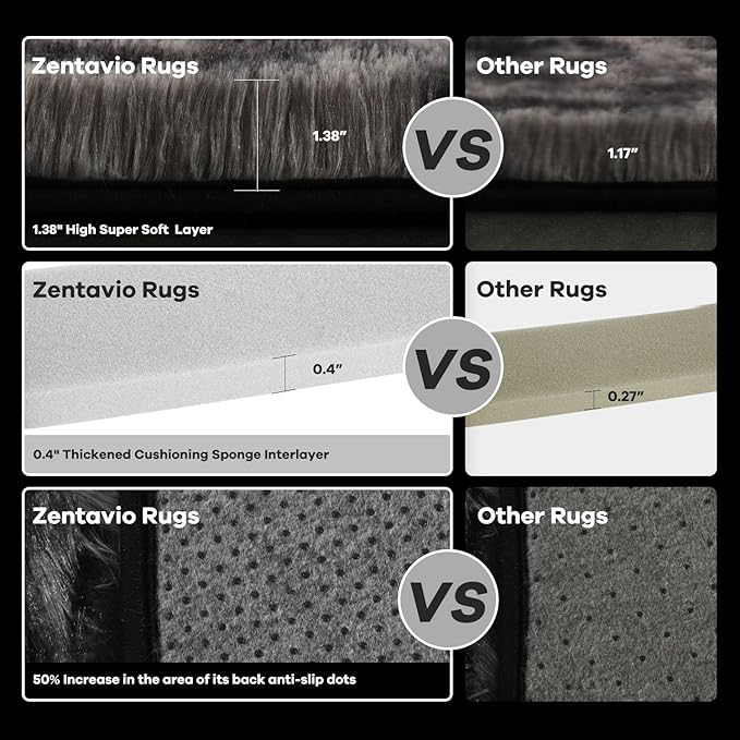 Zentavio Black and Grey Area Rugs for Living Room Large Men Room Carpet 8x10 Bedroom Fluffy Furry Shag Aesthetic Plush High Pile Floor Rug for Kids Room Dorm Home Decor Gray