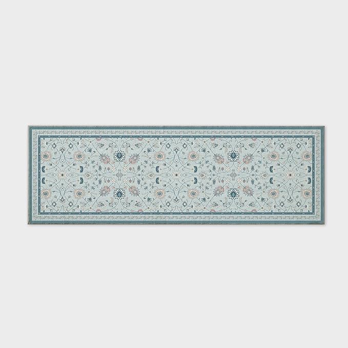 EVERGRACE Hallyway Area Runner Rugs 2x6, Boho Floral Faux Wool Indoor Outdoor Rugs, Washable Rugs for Bedroom Bathroom Living Room Kitchen, Low Pile Floor Mat Carpet for Home Decor, Pale Blue
