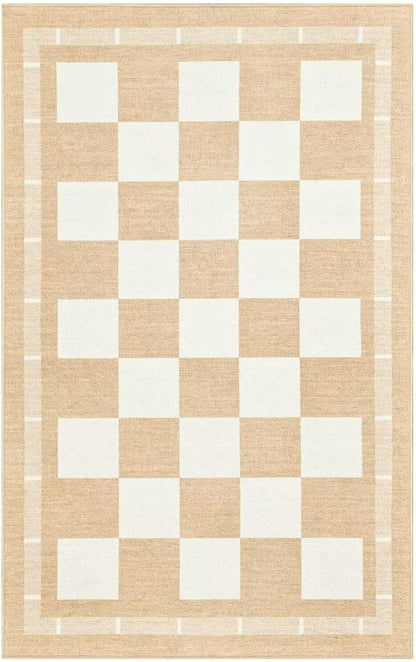 Vasofe Washable Small Entry Rug, 2x3 Checkered Jute Rugs Outdoor Indoor Front Door Mat, Non-Slip Bedroom Entrance Doorway Kitchen Mats, Plaid Farmhouse Porch Carpet, Khaki and White