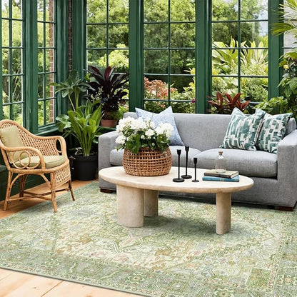 Kokia 6x9 Washable Sage Green Area Rugs with Vintage Orient Design Soft Rug for Living Room or Home Office Non-Slip Low Pile Stain Resistance Features Distressed Medallion Pattern