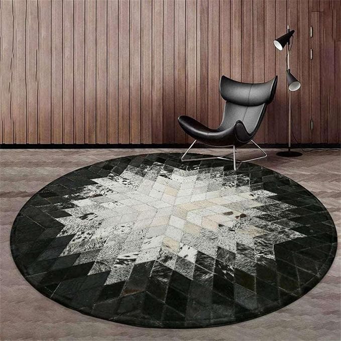Round Rug for Living Room – Black and White Designer Floor Carpet