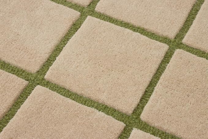 Scalloped Border Wool Area Rug with Windowpane Grid, Hand-Tufted, Beige-Blush with Sage Lines & Light Purple Edge - Soft High-Low Pile for Living Room, Bedroom, Nursery - 4x6 Ft