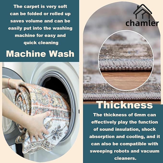 10'x14' Washable Area Rug Boho Chic Medallion Distressed Design Non-Shedding Easy Care Ideal for High Traffic Areas in Rugs for Living Room Bedroom Office Coffee Table Large Carpet