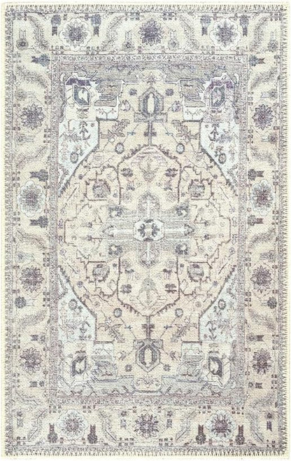 GLN Rugs Traditional Collection - Machine Washable Area Rug, Traditional Washable, Non Slip, Low Pile Chenille Rug, Living Room, Bedroom, Kitchen Rug (2' x 3' Cream/Gray)