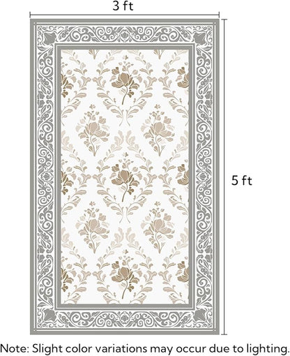 SOULFUL Medium Pile 3x5 Area Rug - Soft Underfoot Small Entryway Rug - Light Taupe Boho Floral - Washable Non-Slip - Perfect for Living Room Bedroom Foot Kids Room Reading Nook
