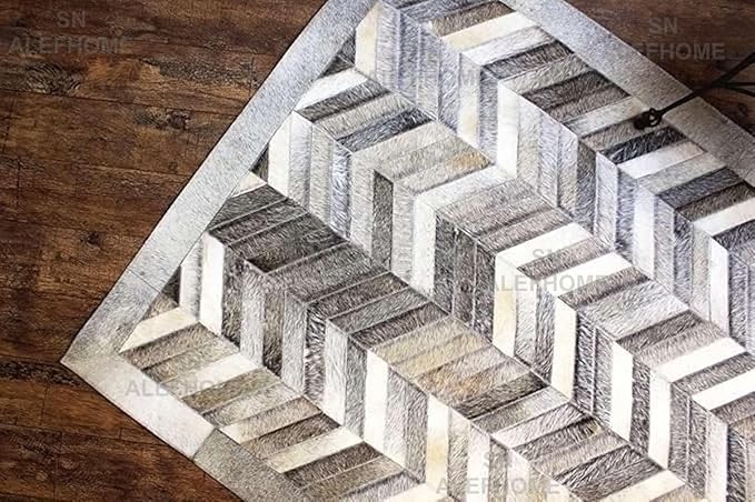 Chevron Pattern Faux Cowhide Area Rug | Non-Slip Leather Carpet for Living Room, Bedroom, and Office | Modern Designer Rug for Home Décor(5x8 ft_Grey)