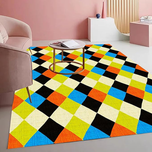 Vibrant Geometric Diamond Texture Rug for Living Room Bedroom Diningroom Playroom Home Office Modern Deco Washable Non Slip Playroom Nursery Room Large Carpet Black and Blue Green 6x9 Mat