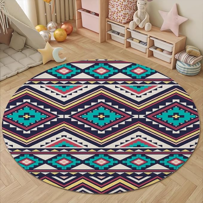 Native Tribal Geometry Round Rug Vintage Blue White Living Room Bedroom Area Rug Non Slip Soft Low Pile Washable Indoor Floor Carpet for Dining Room Kitchen Office Entryway 6ft