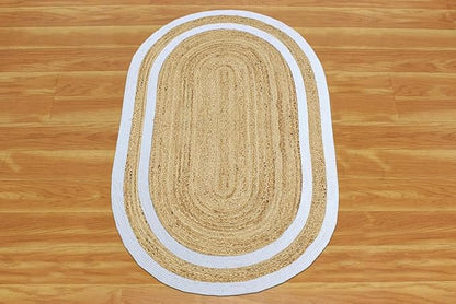 Oval Runner 2x8 Kilim Jute Runner Natural Oval Thick 0.27" Solid Design Beige White Hand Braided Jute Flatweave Mat Handmade Boho Indoor Outdoor Rugs for Kitchen Hallway Enterway