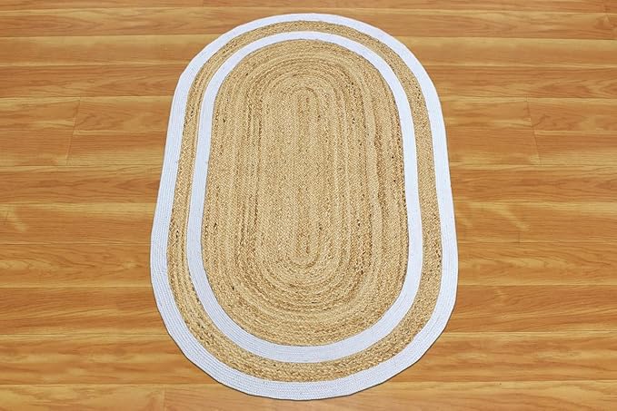 Oval Runner 2.6x12 Kilim Jute Runner Natural Oval Thick 0.27" Solid Design Beige White Hand Braided Jute Flatweave Mat Handmade Boho Indoor Outdoor Rugs for Hallway Enterway Corridor
