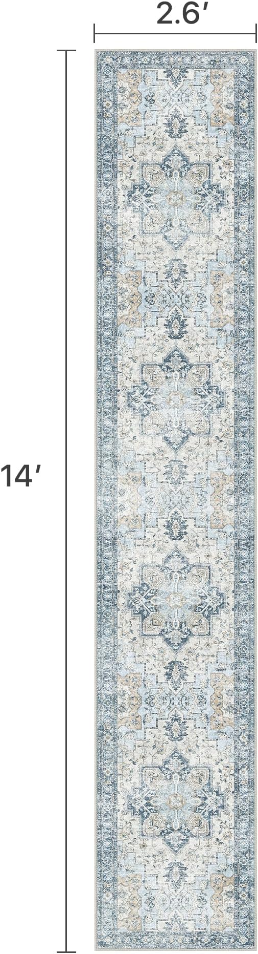 Runner Rug 2'6''x14, Non Slip Vintage Machine Washable Hallway Runner Rugs, Low Pile Lightweight Mat for Hallway, Entryway, Bedroom, Kitchen and Corridor, Blue