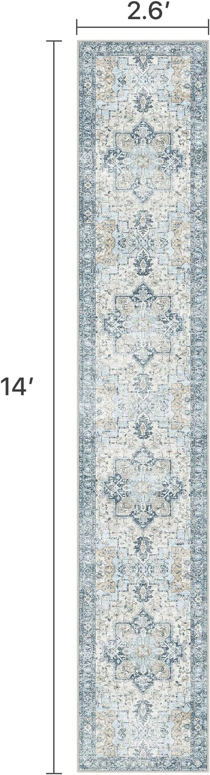 Runner Rug 2'6''x14, Non Slip Vintage Machine Washable Hallway Runner Rugs, Low Pile Lightweight Mat for Hallway, Entryway, Bedroom, Kitchen and Corridor, Blue