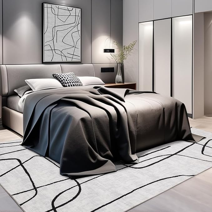 YIHOUSE Modern Washable Area Rug for Living Room Bedroom - Large Abstract Black and White Rug Non-Slip Ultra-Thin Home Decor (Abstract, 9'x12')