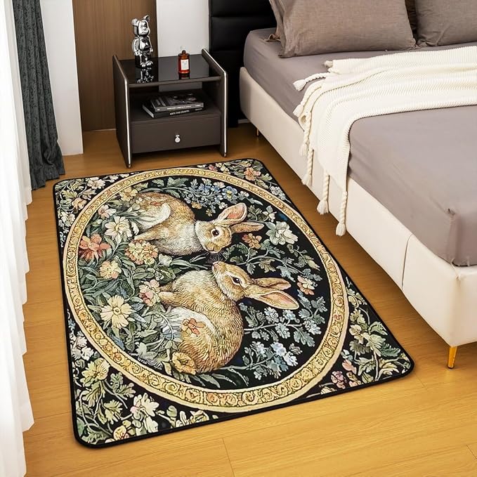 Rustic Rabbits 3 x 5 Area Rug Country Plant Leaves Floral Rugs for Living Room | Vintage Farmhouse Style Farm Animals Washable Rug, Cute Rabbit Botanical Carpet Indoor Floor Mat