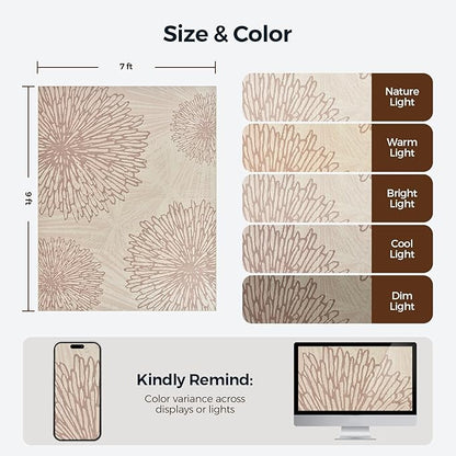 WITSHOCK 7x9 Area Rugs for Living Room: Beige Floral Washable Rugs for Bedroom Dining Room Office Nursery Modern Non-Slip Stain Resistant Low Pile Home Decor（Beige/Brown,7'x9'）