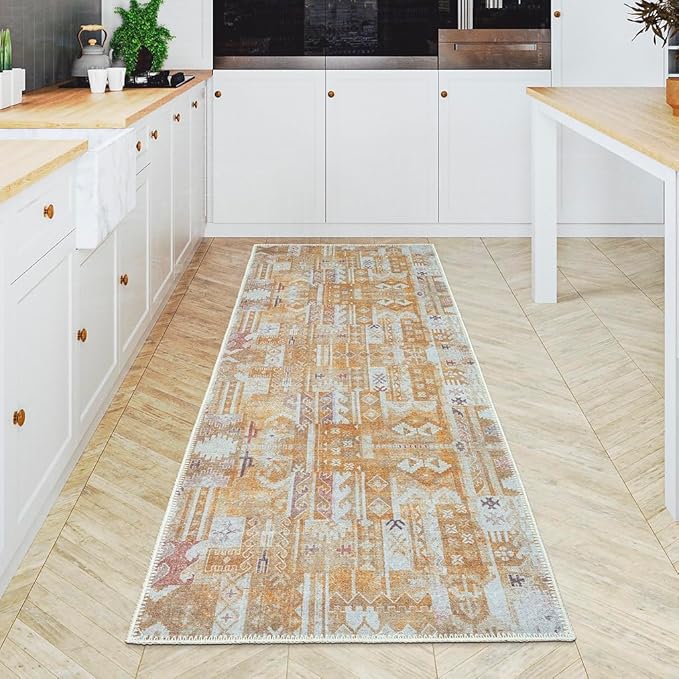 GLN Rugs Traditional Collection - Machine Washable Area Rug, Traditional Washable, Non Slip, Low Pile Chenille Rug, Living Room, Bedroom, Kitchen Rug (2'6" x 7' Sand/Light Gray)