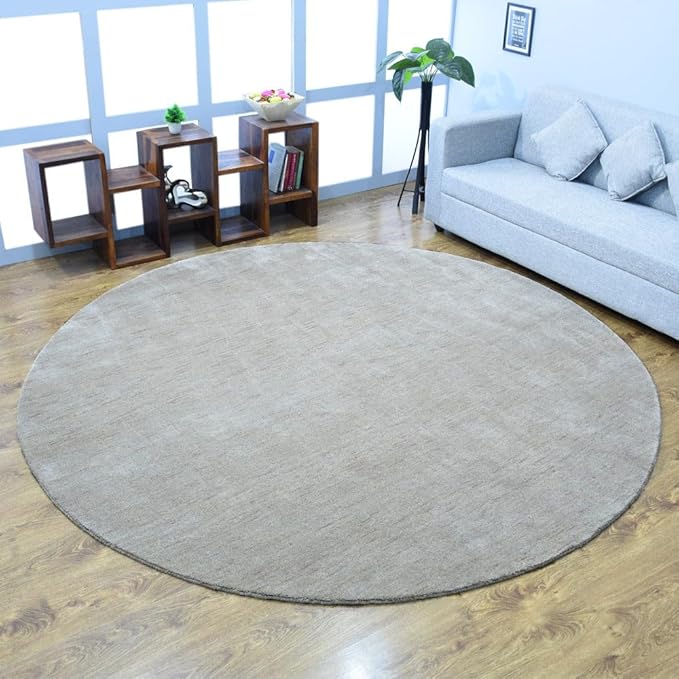 Hand Knotted Loom Wool ECO-Friendly Area Rugs - 6'x6', Round, Beige Color, Solid Plain Design, High Pile Thick Handmade Anti Skid Area Rugs for Living Room, Bed Room (L00111)