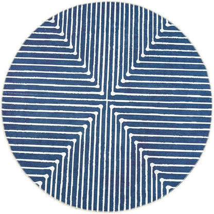 GLN Rugs Contemporary Collection - Machine Washable Area Rug, Contemporary Washable, Non Slip, Low Pile Chenille Rug, Living Room, Bedroom, Kitchen Rug (5'3" Round Lines Blue)