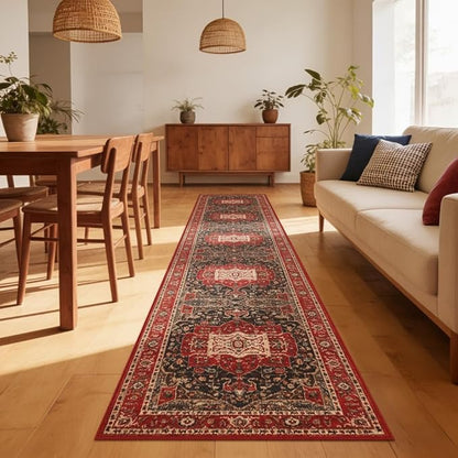 Enkor Runner Rugs for Hallway, 2.6x13 Washable Soft Boho Non Slip Floor Rugs for Kitchen, Modern Mat for Living Room Bedroom Entryway Red & Blue