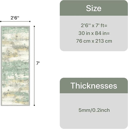 GENIMO Runner Rug Non Slip 2'6"x7', Washable Rug Runner for Hallways Kitchen, Abstract Modern Kitchen Rugs, Low Pile Lightweight Carpet Runners for Entryway, Bedroom, Laundry, Light Green