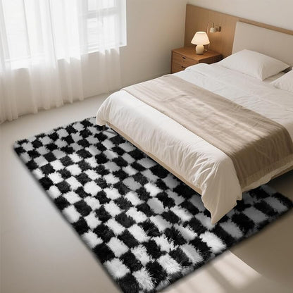 Checkered Rug for Living Room, 8x10 Black and White Area Rugs, Classic Checkered Carpets Shaggy Area Rug, Bedside Rugs for Living Room Bedroom Kids Room Home Decor