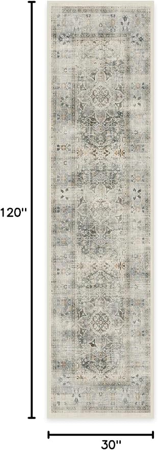 RUGGABLE Washable Vintage Runner Rug – Sarrah Sage 2.5x10, Stain-Resistant, Non-Slip Hallway Runner – Machine Washable Rug for Hallway, Entryway, Living Room & Kitchen–with Cushioned Pad