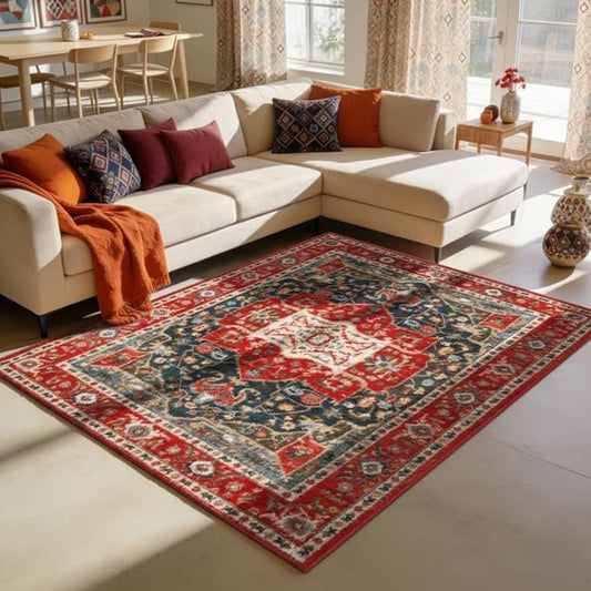 Enkor Area Soft Rugs 5x7 Washable Non Slip Boho Floor Rugs for Living Room Bedroom, Vintage Style Farmhouse Mat for Kitchen Entryway Red & Blue