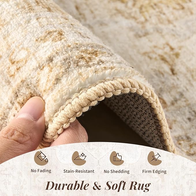 tchdio 3x5 Bedroom Area Rug, Non Slip Washable Entryway Rug Indoor, Soft Low Pile Vintage Door Mat, Stain Resistant Rug for Entrance, Bedside, Dining Room (Beige, 3'x5')