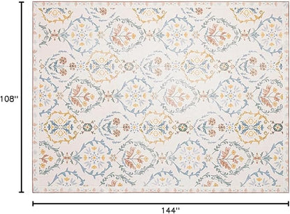 Phantoscope Washable Area Rug 9'x12' Non-Slip, Vintage Floral Boho Rugs for Living Room, Bedroom, DiningRoom, Soft Botanical Moroccan Pattern, Low-Pile Foldable Floor Carpet, Ivory Pink/Boho Garden