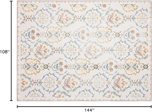 Phantoscope Washable Area Rug 9'x12' Non-Slip, Vintage Floral Boho Rugs for Living Room, Bedroom, DiningRoom, Soft Botanical Moroccan Pattern, Low-Pile Foldable Floor Carpet, Ivory Pink/Boho Garden