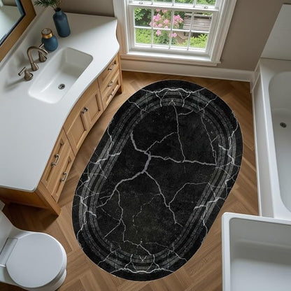 Black Grey Striped Texture Bordered Rugs 7x10 Modern Minimalist Indoor Large Area Rug for Living Room Bedroom Dining Room Soft Faux Wool Non Slip Floor Mats Entrance Bathroom Home Office Oval Carpet