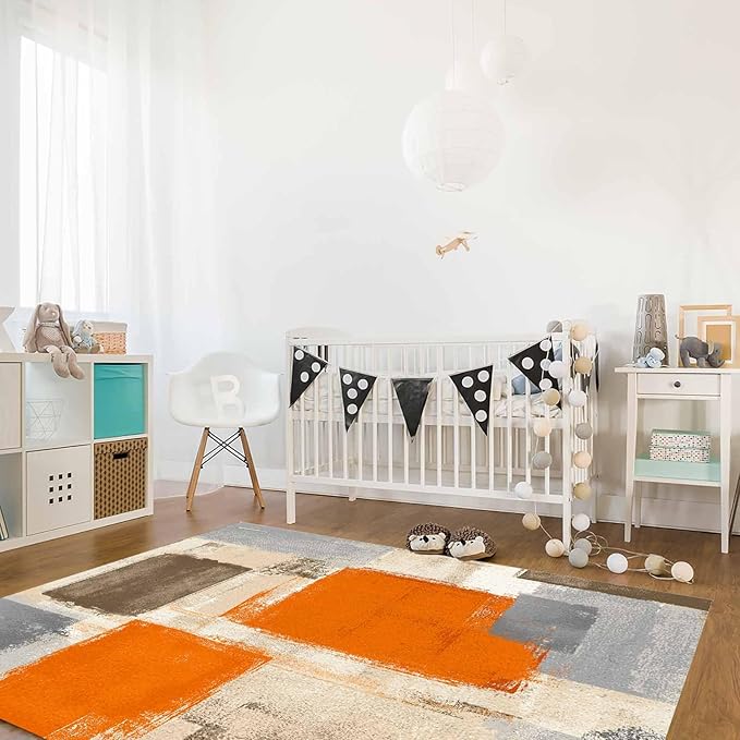 Orange Rectangular Area Rugs for Living Room Bedroom 5 x 8 ft Abstract Paint Texture Modern Art Non-Shedding Soft Low Pile Rug Non Slip Washable Rug for Nursery Entryway Playroom