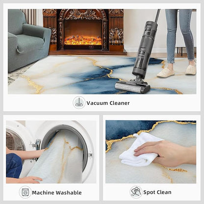 3x4 Abstract Marble Rugs for Entryway - Blue-White-Marble Kids Bedroom Rug, Luxury Stone Pattern Mudroom Rug Soft for Coffee Shop Living Room Under Table Game Room