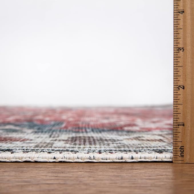 Bloom Rugs Washable Non-Slip 10 ft Runner - Red/Blue Traditional Runner for Entryway, Hallway, Bathroom, and Kitchen - Exact Size: 2.5' x 10'