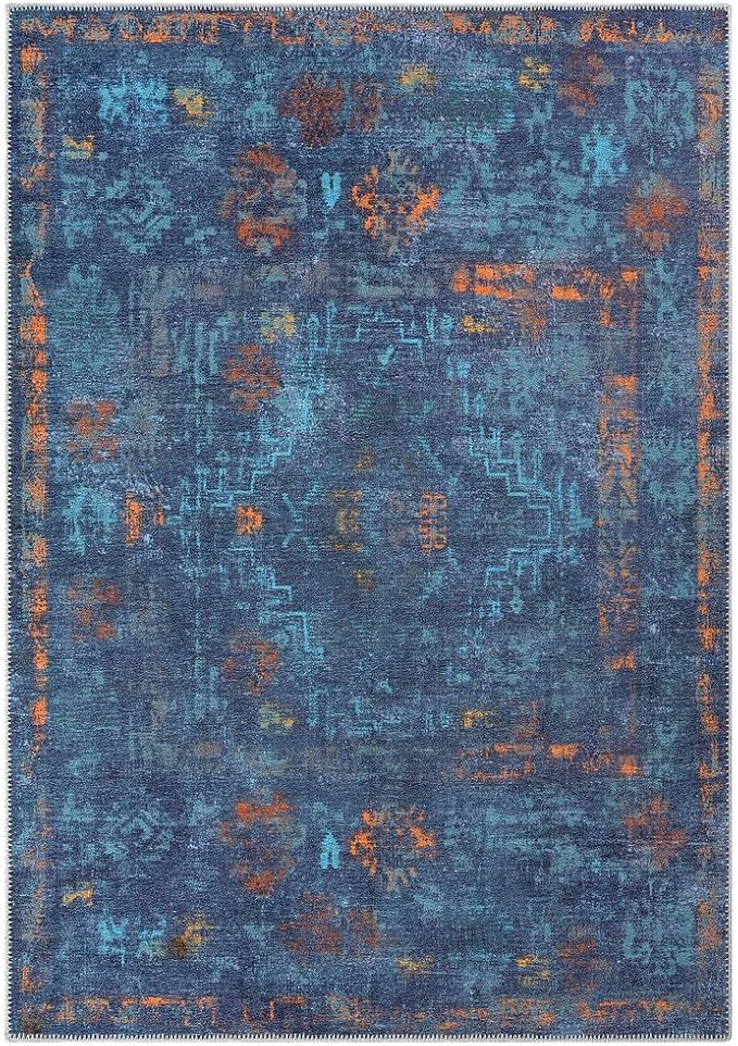 GLN Rugs Contemporary Collection - Machine Washable Area Rug, Contemporary Washable, Non Slip, Low Pile Chenille Rug, Living Room, Bedroom, Kitchen Rug (5' x 7' Midnight/Multi)
