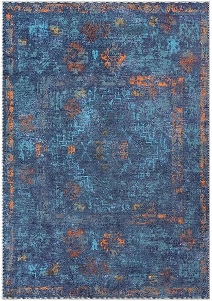 GLN Rugs Contemporary Collection - Machine Washable Area Rug, Contemporary Washable, Non Slip, Low Pile Chenille Rug, Living Room, Bedroom, Kitchen Rug (5' x 7' Midnight/Multi)