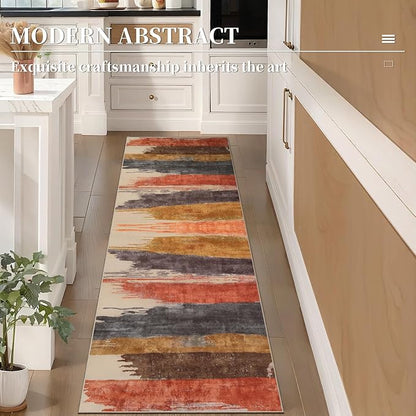 Ciicool 2x6 Washable Runner Rug, Modern Abstract Hallway Rug Runner, Non-Slip Thin Accent Rugs Lightweight Red Yellow Brown Print Distressed Carpet Runners for Laundry Entryway Bedroom Kitchen Indoor