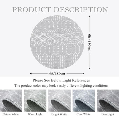 Lahome Moroccan Round Rugs 6Ft Washable Circle Area Rug for Living Room Grey Non-Slip Stain Resistant Dining Room Rug Large Circle Rug, Modern Geometric Print Indoor Round for Bedroom Entryway