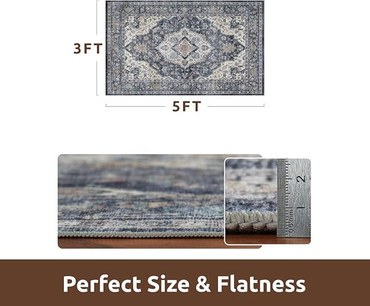 AMOAMI-3X5 Area Rug-Soft Washable Vintage Throw Accent Rugs for Living Room, Entryway, Bedroom, Kitchen, Bathroom, Laundry Room, Kitchen, Bathroom, Bedside, No Slip Blue