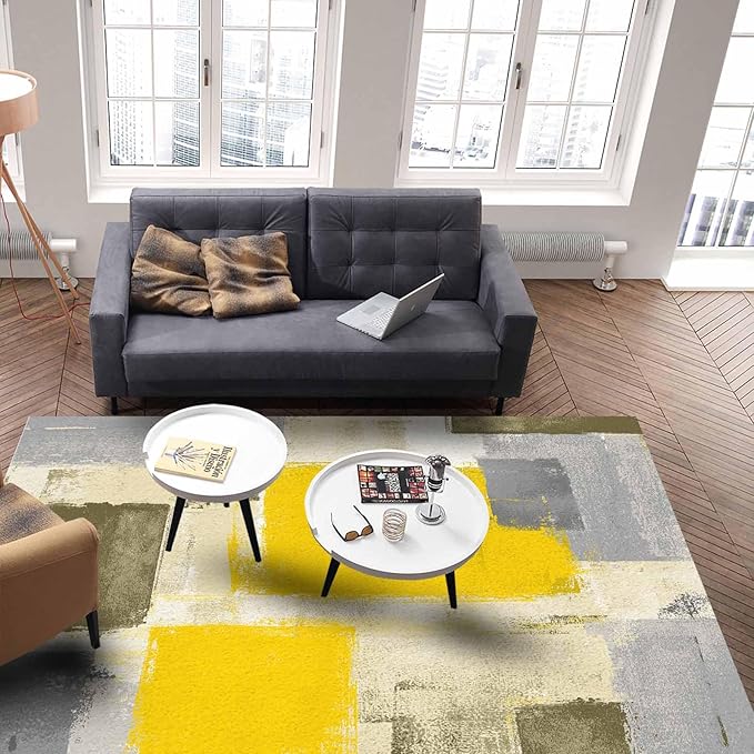 Yellow Rectangular Area Rugs for Living Room Bedroom 2.8 x 5 ft Abstract Paint Texture Modern Art Non-Shedding Soft Low Pile Rug Non Slip Washable Rug for Nursery Entryway Playroom