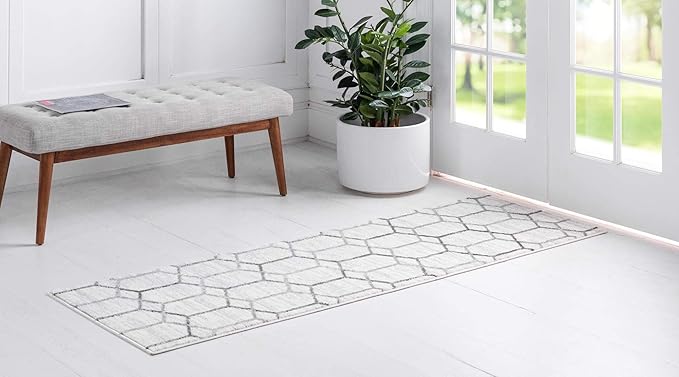 Rugs.com Lattice Trellis Collection Rug – 10 Ft Runner White Low-Pile Rug Perfect for Hallways, Entryways