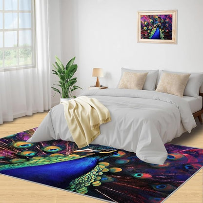 Peacock Rugs for Bedroom - 6x9 Area Rug - Watercolor Peacock Rugs for Living Room, Abstract 3D Animal Rug, Non-Slip Washable Home Decor Carpet